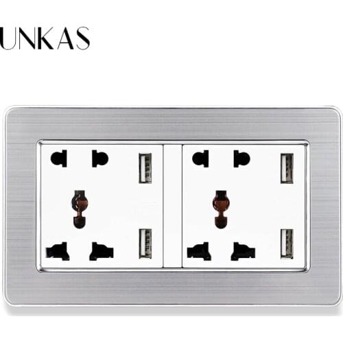 UNKAS Wall Socket Dual Universal 5 Hole Power Outlet With 4 USB Smart Induction Charger Port For Mobile Stainless Steel Panel