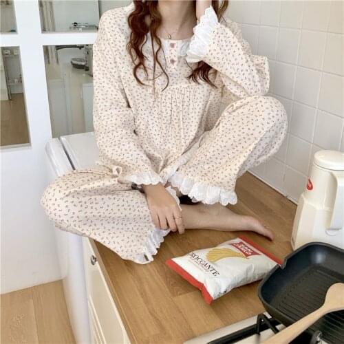 Women sleepwear floral print fancy lace 100% cotton home suit spring autumn 2 piece set homewear cute top pants pajamas set Y280