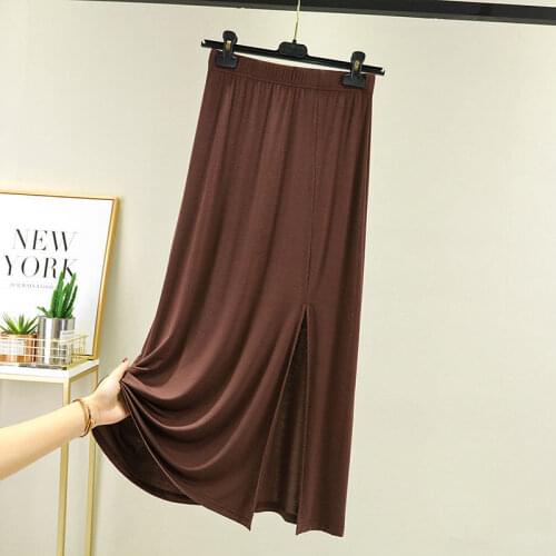 Coffee Spring Summer New Fashion Womens High Waist Pleated Solid Color Modal Long Elastic Skirt Promotions Lady Beach Skits