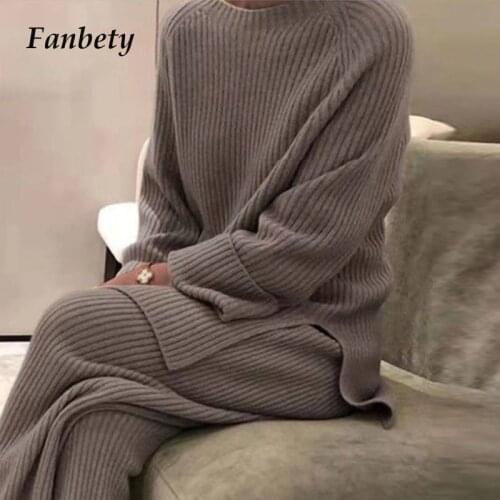 Women Elegant Solid Home Suit Winter Casual Soft Two Piece Set Lady Fashion O-Neck Pullover Tops + Knitted Pants Homewear Pajama