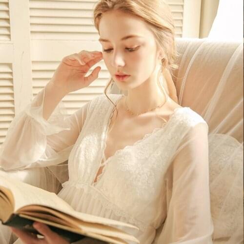Romantic Nightgown Women Autumn Sexy White Lace Peignoir Fairy Mesh Long Lolita Night Dress Victorian Vintage Princess Sleepwear