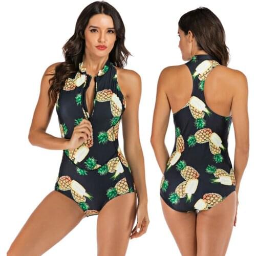 Womens High Neck One Piece Swimsuit Pineapple Printed Front Zipper Retro Bating Suits Sun Suits