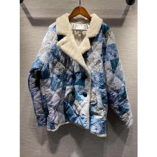 2020 Winter warm Blue Mixed Print Padded Coat Lapel Collar Double Breasted Drop Shoulder thick Oversized Coats