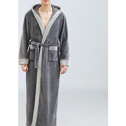 Winter Warm Bathrobe Men Autumn Winter Flannel Long Sleeve Maxi Bathrobe Pockets Hooded Sleepwear Loose Soft Long Nightwear