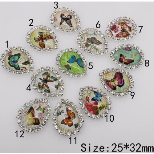 Water Drop 5pc 25*32mm butterfly crystal glass rhinestone button silver Wedding crafts clothing decorate DIY brooch scrapbooking