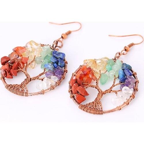 7 Chakra Natural Stone Tree Of Life Pendulum Drop Pendant Earrings For Women Healing Crystal Earring Quartz Reiki Jewelry Gifts