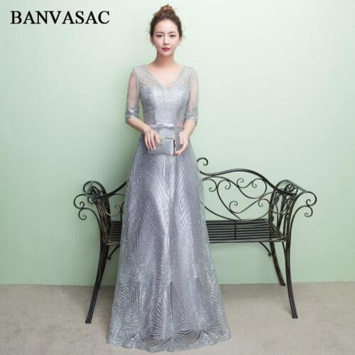 BANVASAC 2018 Sequined V Neck Bow Sash A Line Long Evening Dresses Elegant Lace Half Sleeve Party Prom Gowns
