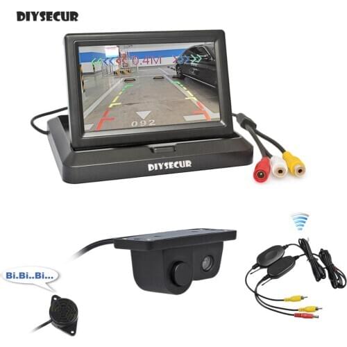 DIYSECUR Wireless 5 Inch Foldable Car Monitor Rear View Monitor Parking Radar Sensor 2 in 1 Car Camera Parking System