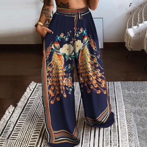 Bohemian Women High Waist Wide Leg Pants Peacock Printing Easy Trousers Long Pant Boho Beach Pockets Pants Pantalones De Mujer