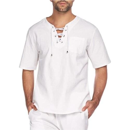 T-Shirts Men Casual Summer Men Solid Color Short Sleeve Bandage Pocket Linen T-shirt Top