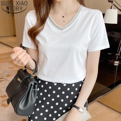 Women Tees 2021 New Summer Cool Mercerized Cotton Tshirt Short Sleeve V-neck Round Collar White Black Casual Tops T-shirts 14870
