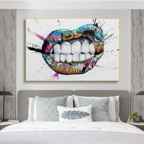 Show Teeth Lips Graffiti Art Canvas Printings Painting Street Kiss Posters and Prints Wall Art Picture for Living Room Bedroom