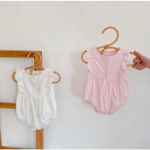 Ins 2021 Summer Baby Girl Cotton Rompers for Newborn Pure Color Flying Sleeve Bodysuits for 1-2Y Babies