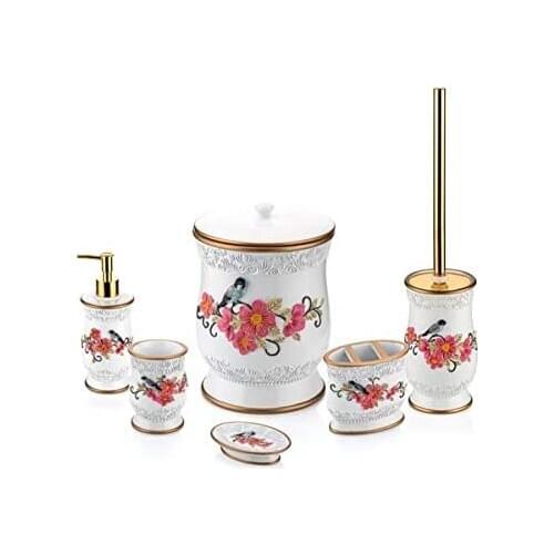 Porio White-bronze Bird Patterned 6-Pack Bath Set