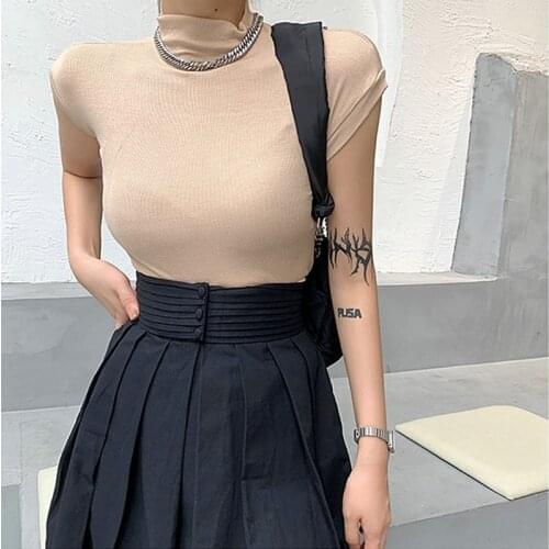 Brown Tops Womens Vintage T Shirt Korean White Crop Top Short Sleeve Vogue T-Shirt Black Elastic Tight Woman Elegant Tees 2021