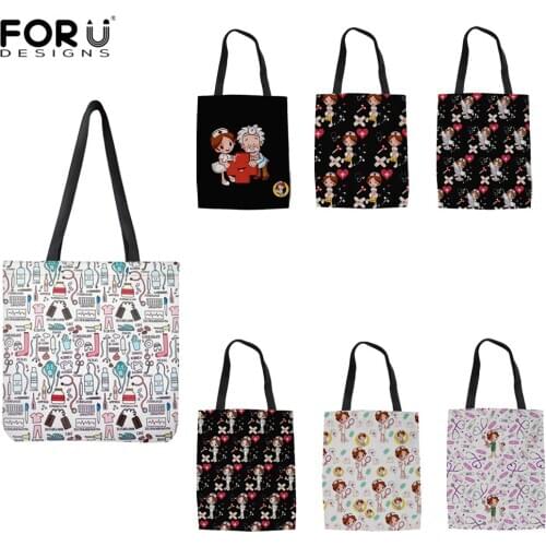FORUDESIGNS 2021 Hot Cartoon Nurse Pattern Girls Canvas Shopping Bags bolsas ecologicas reutilizables Casual Tote Bags for Women