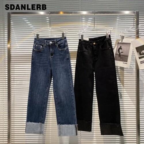 2021 Autumn New Model Style Loose Denim Pants Flanging Wide Leg Trousers Washing Craft Temperament Straight Jeans for Women