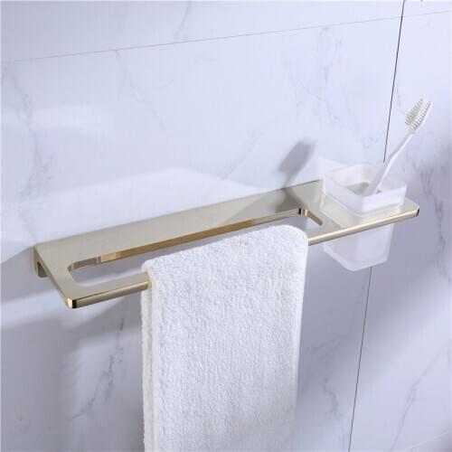 Bathroom Towel Bars 40cm Brass Towel Rack With Cup Holder Nail Punched Wall Mounted Bath Hardware Bathroom Accessories Gold