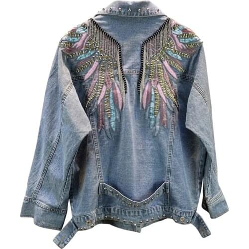 Denim Jackets Womens Tide 2021 New Spring Autumn European Station Loose Wings Embroidered Tassel Long Sleeved Jeans Coat Tops