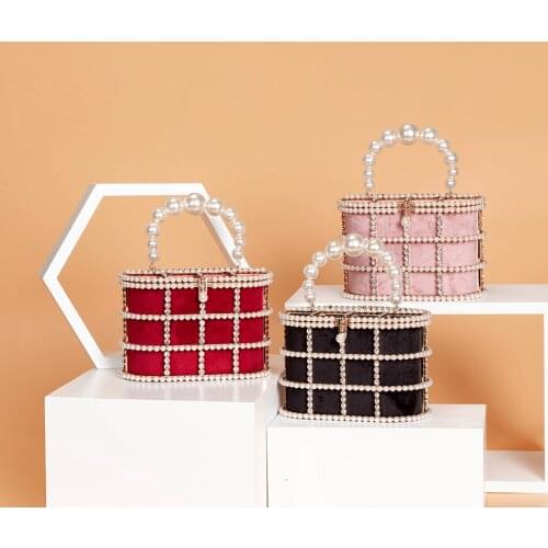 Evening Clutch Purse Chic Hollow Out Shoulder Bags Luxury Pearls Rhinestones Handbag Women Designer Elegant Metal Cage Velvet
