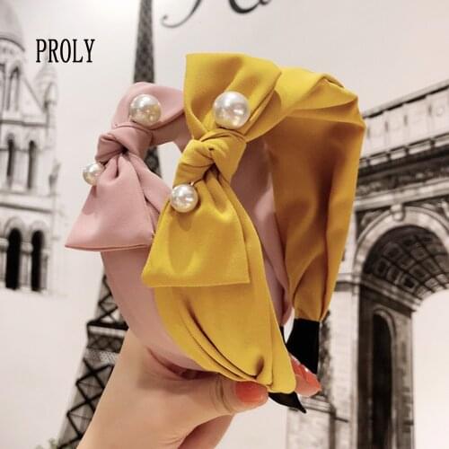 PROLY New Fashion Women Headband Wide Side Big BowKnot Headwear Pearls Hairband Adult Casual Fresh Turban Hair Accessories