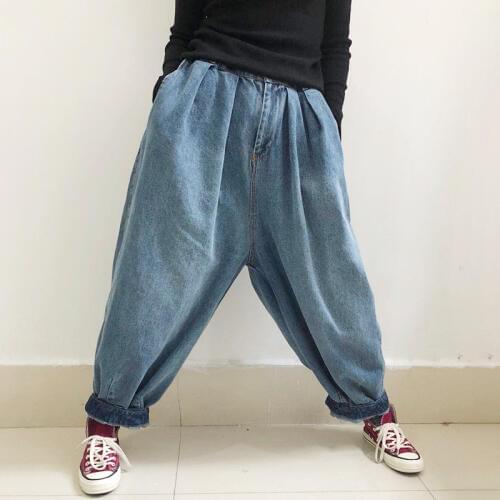 Women Plus Size Elastic Waist Denim Pants Jeans Ladies Loose Simple Denim Trousers Oversize Washed Jeans Harem Pants 2019 Spring