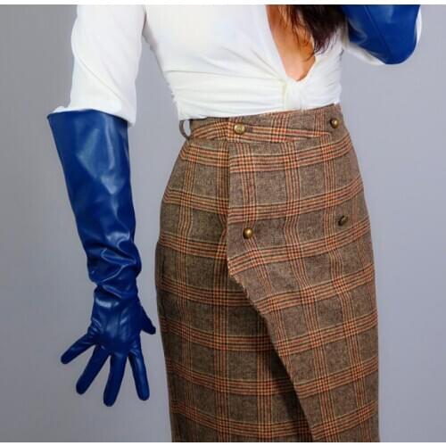 Womens fashion navy blue wide sleeve faux pu leather glove ladys club performance formal party leather long glove 50cm R2590