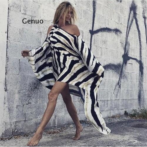 Women Sexy Off Shoulder Long Sleeve Party Dress Summer Beach Holiday Lady Dresses Elegant Striped Irregular Dress Loose Vestido