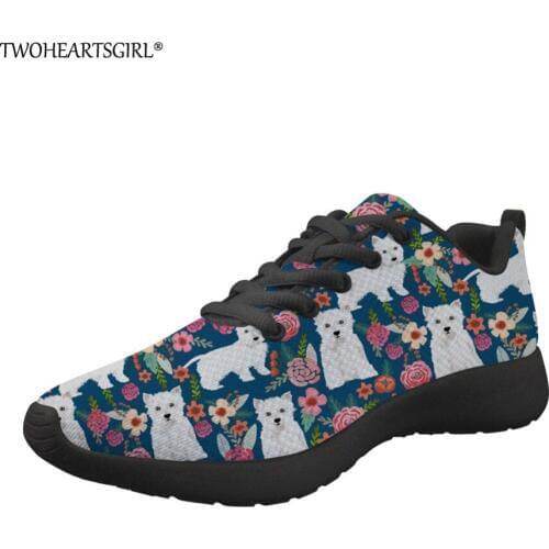 Twoheartsgirl Women Casual Sneaker Highland Terrier Prints Breathable Flats Shoes Woman Comfortable Mesh Running Flats Zapatos
