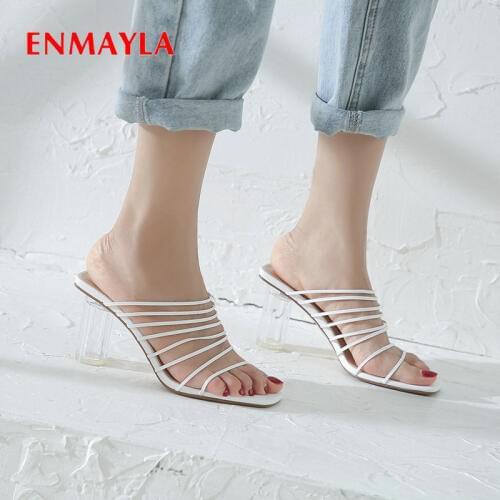 ENMAYLA Square Heel Women Slippers Narrow Band 2020 Solid PU Outside Summer Womens Shoes Clear Heels Slippers Women size 34-40