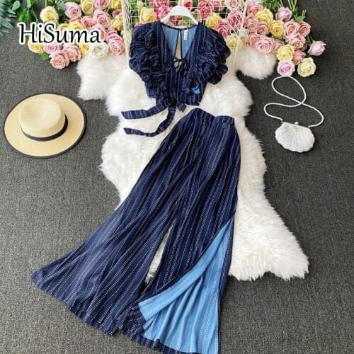 2021 summer new female stripe v-neck lace-up ruffles chiffon shirts + High waist split wide leg pants two-piece sets women suits