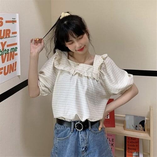 3 Sizes M-xl Causal Loose Square Collar Short Puff Sleeve Fresh Cute College Wind Women Summer Top Blouses
