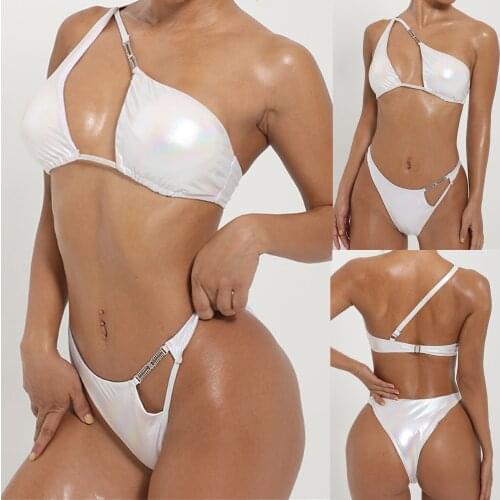 Women Sexy White Bikini Set Reflective Shiny Solid Color Hollow Halter Swimsuit Women Beach Split Swimsuit bañadores mujer 2021
