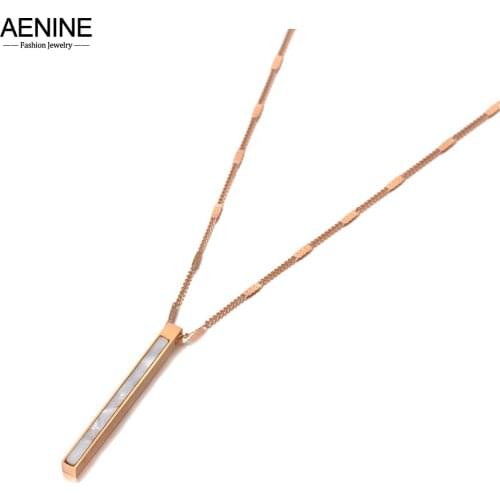 AENINE Simple Design White Shell Long Strip Charm Pendant Necklace For Women Trendy Titanium Steel CZ Crystal Necklace AN20161
