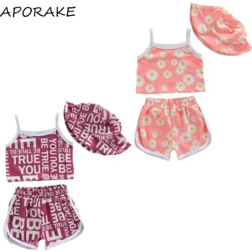 2021 0-5Y Cute Infant Summer Baby Girls Clothing Flower/Letter Print U-shaped Neck Tank Top+Shorts+Wide-brim Hat Toddler Outfits