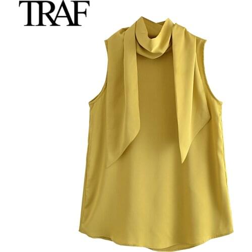 TRAF Women Clothes Scarf Collar Satin Shirts Summer 2021 Elegant Sleeveless Blouses Chic Office Ladies Tops Mujer
