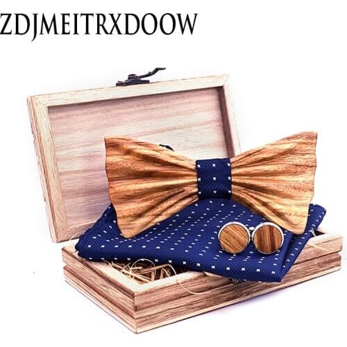 T248 Wooden Bow Tie Hanky Cufflinks Zebra Set Mens Plaid Dots Bowtie Wood Design With Boxes Fashion Novelty tie