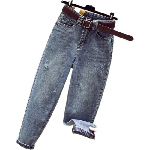 Jeans womens 2021 spring and summer new high waist slim hole radish pants loose wide leg Harlan father pants fashion