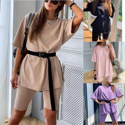 Womens Two Piece Set Short-Sleeve Round Collar T-shirt +Smallclothes Suit Casual Loose Womens Outfits With Belt Biker Shorts