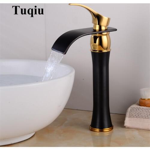 Basin Faucet Single Handle Black & Gold Brass Waterfall Basin Mixer Tap Hot & Cold Bathroom Faucets Sink Waterfall Faucet Drain