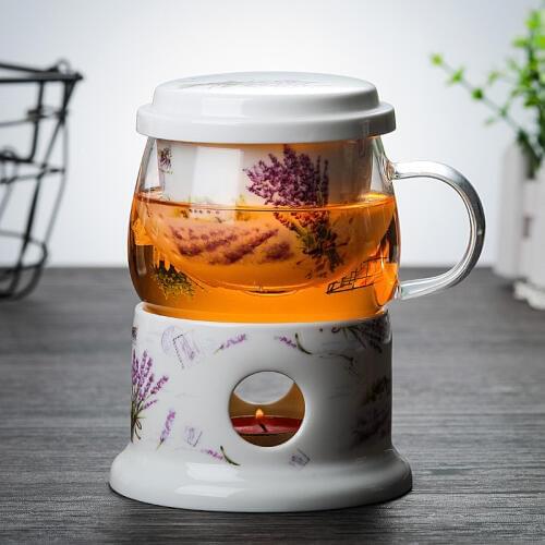 Beautiful Teacup+Warmer+Candle,Glass Cup with Ceramic filter/strainer lid 350ml Heat Resistant Coffee tea