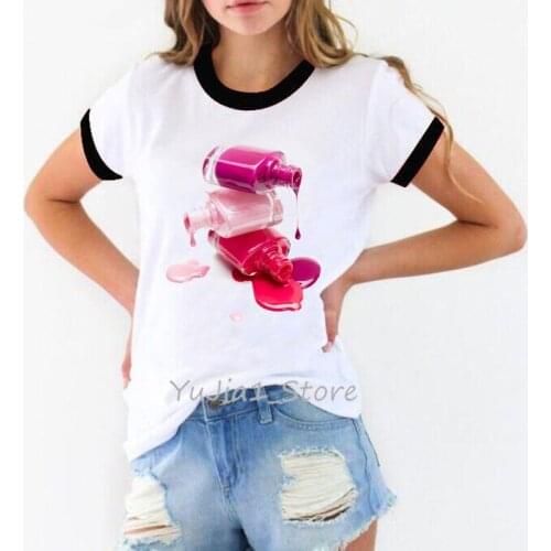 Summer 2021 female t-shirt harajuku kawaii watercolor nail polish print t shirt women white ringer tee shirt custom tshirt