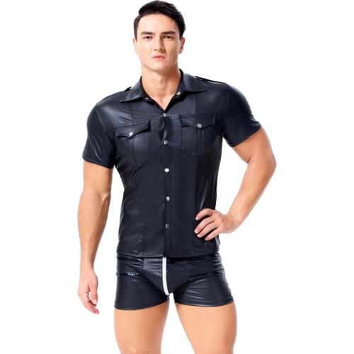 Men Sexy Faux Leather Tight Short Sleeve Shirt Stage Nightclub Costume Men Short-Sleeved Shirts Faux Leather Gay Wear Plus Size