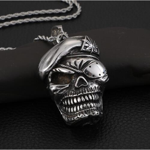 Titanium Steel Mens Personality Caribbean Pirate One-eyed Skull Pendant