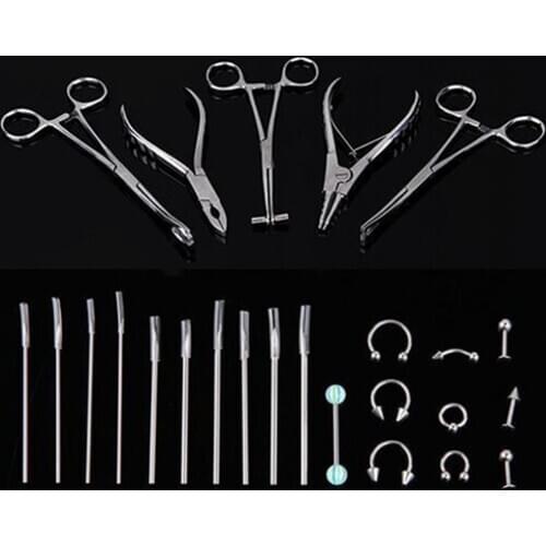 1Set 316L Stainless Steel Body Ear Lip Piercing Forceps Pliers Needles Tool Set