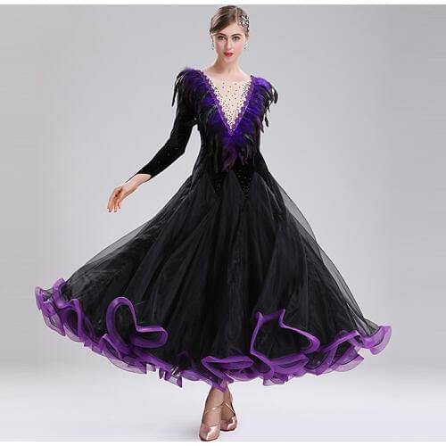 New Ballroom Dance Costume Women Elegant Black Long Sleeve Big Swing Waltz/Tango Competition Performance Dress DQL1170