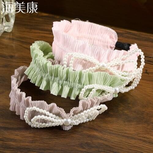 Haimeikang New Fashion Spring Summer Hairband For Women Casual Pleated Headband Pearl Bow Hair Hoop Headwear Hair Accessories