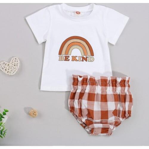 Newborn Baby Girls Clothes Infant Summer Set Cotton Short Sleeve rainbow Printed Top Plaid Shorts Outfits Suit 0-24M