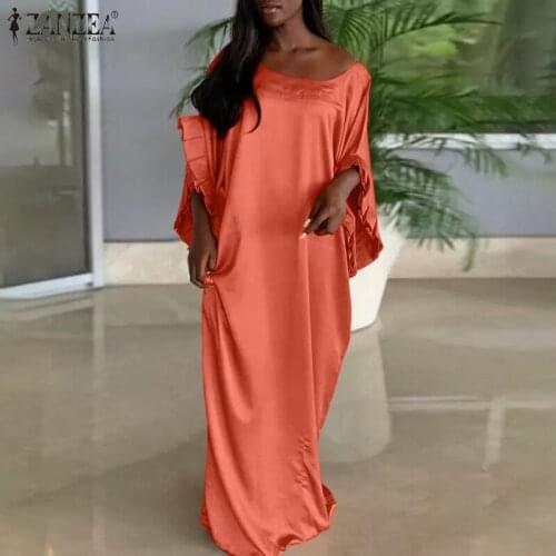 2021 Autumn Satin Silk Dresses ZANZEA Party Ruffle Dress Womens Elegant Solid Floor Vestidos Female Fashion Robe Longue Oversize