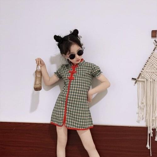 Girls dress 2020 summer new Korean version of the big boy cheongsam improved version of the national style retro plaid dress